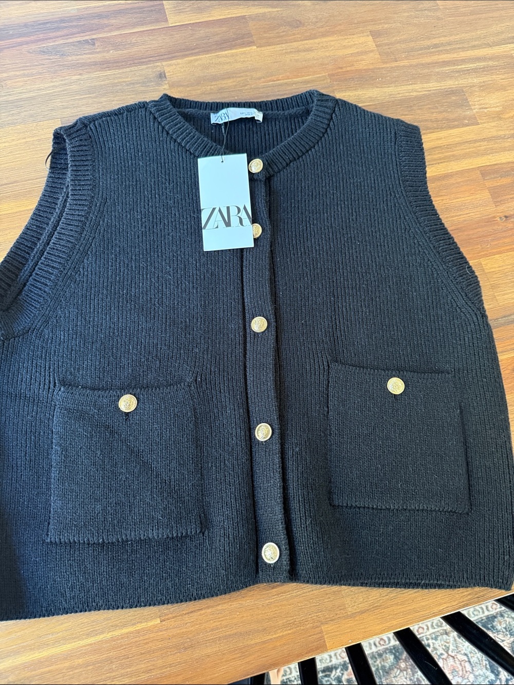Zara Black Knit Button-Front Vest with Gold Buttons